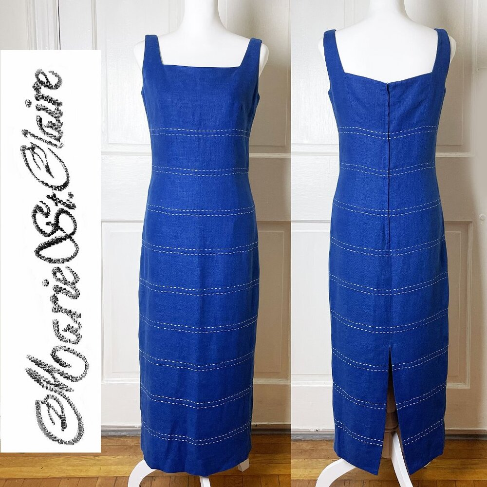 Marie St Claire Vintage Linen Dress | Blue Sheath Square Neck | Size S